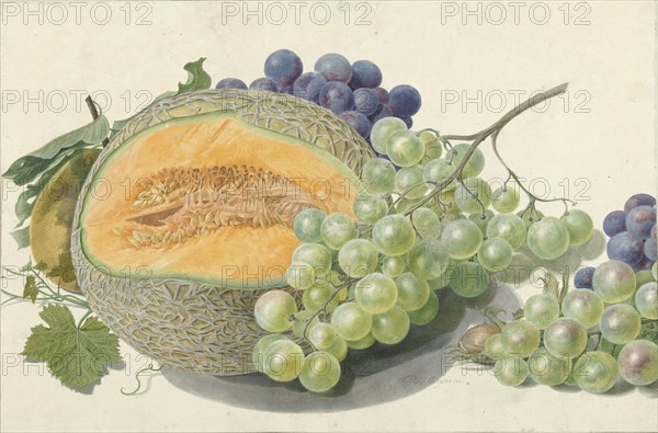 A Melon, Bunches of Grapes, a Peach and Hazelnuts, 1714-1760. Creator: Michiel van Huysum.