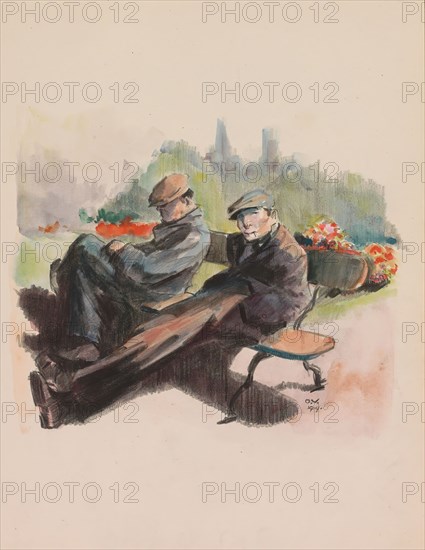 Two men sitting on a bench in a park, 1919. Creator: Otto Verhagen.