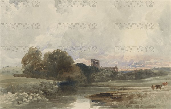 Evening landscape with the ruins of Kirkstall Abbey, Yorkshire, 1794-1849. Creator: Peter de Wint.