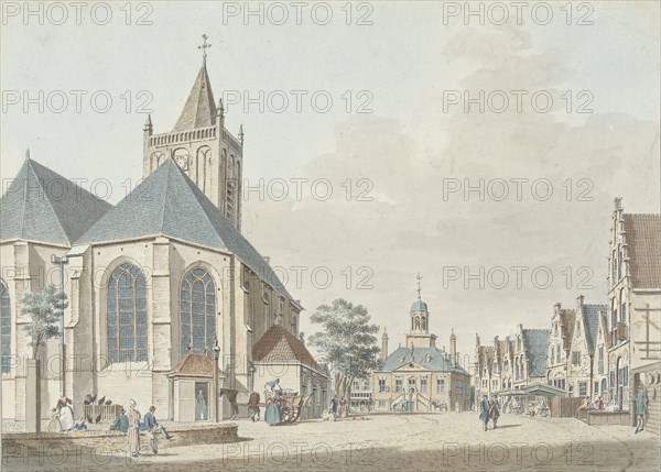 The market in Vlaardingen with the church and the town hall, 1737-1779. Creator: Pieter Jan van Liender.