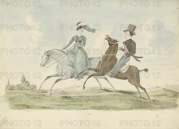 Man and woman on horseback in a landscape, 1811-1873. Creator: Pieter van Loon.