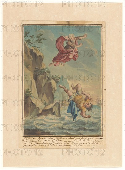 Mentor throws Telemachus off a cliff and jumps after him, 1719-1775. Creator: Ruik Keyert.