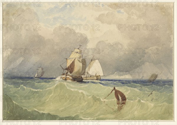 Three-masters and Dutch sailing barge in the open sea, 1830-1880. Creator: Thomas Sewell Robins.