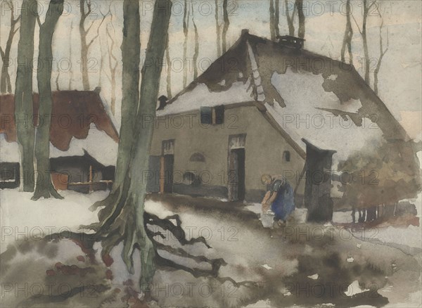 Woman in front of a house in a snowy forest, 1870-1923. Creator: Willem Witsen.