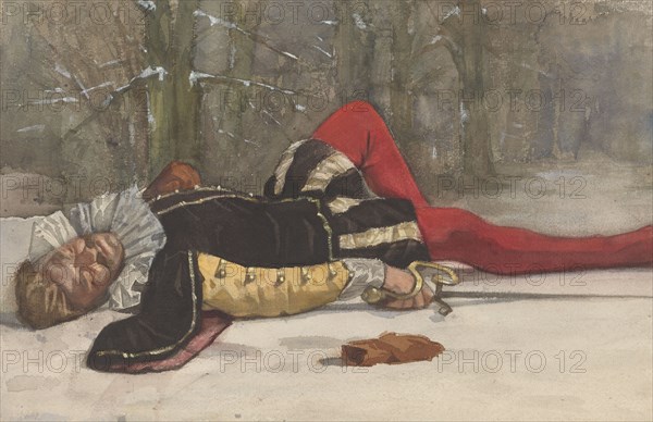 Stage scene with fallen duelist in a forest, 1870-1923. Creator: Willem Witsen.