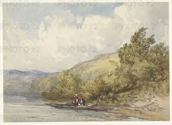 Hilly landscape with a lake and a boat with two figures, 1822-1908. Creator: William Callow.