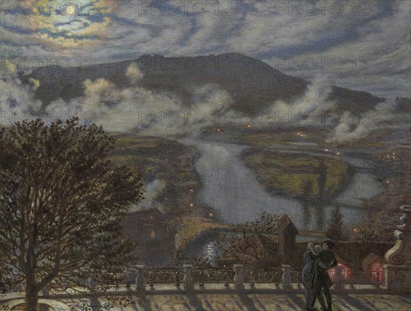 View from the terrace on a river landscape at night, 1875. Creator: William Holman Hunt.