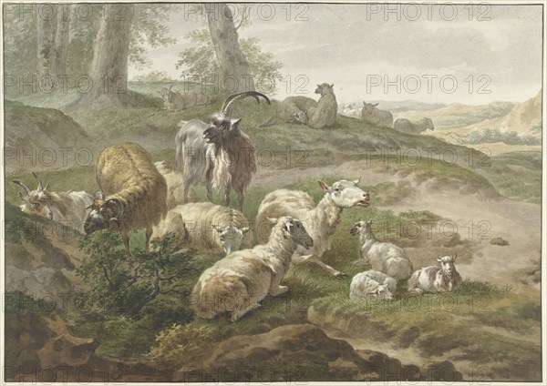 Goats and sheep in a hilly landscape, 1754-1831. Creator: Wybrand Hendriks.