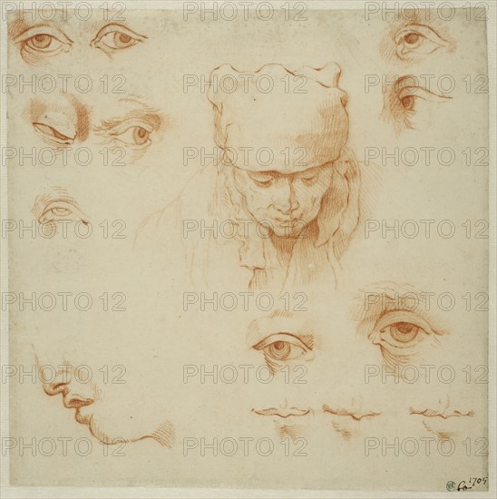 An old woman's head, studies of eyes and mouths. Creator: Abraham Bloemaert.