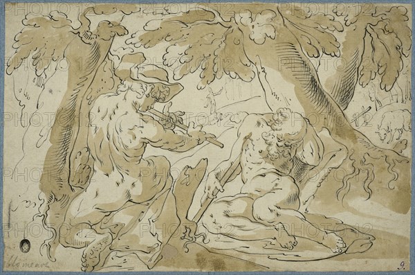 Faun playing flute sleeping shepherd (Merkurius o Argus). Creator: Abraham Bloemaert.