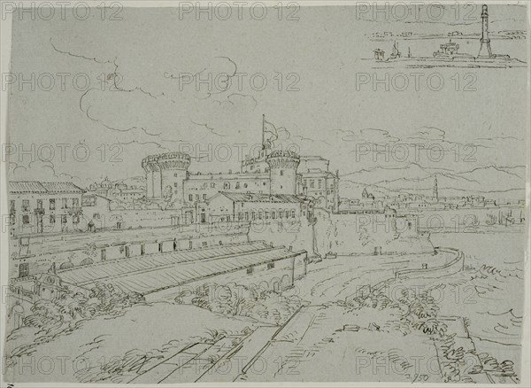 Castel Nuovo in Naples, and a sketch of the lighthouse. Creator: Adriaen Honing.