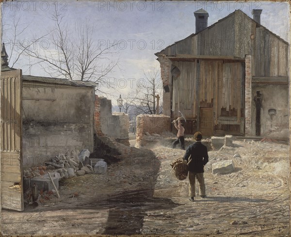 Demolishing the Old Orphanage, Stockholm, 1886. Creator: Anshelm Schultzberg.