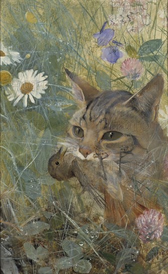 A Cat with a Young Bird in its Mouth. Five studies in one frame, 1885. Creator: Bruno Liljefors.