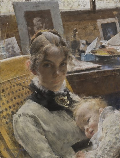 A Studio Idyll. The Artist's Wife and their Daughter, 1885. Creator: Carl Larsson.
