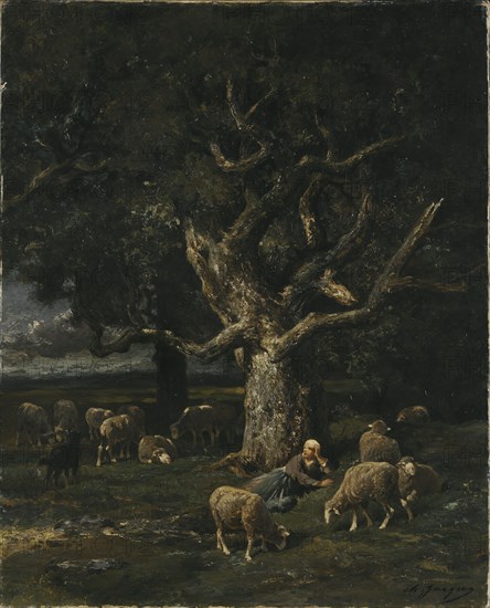 A Shepherdess and her Sheep. Creator: Charles Emile Jacque.