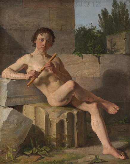 A Male Model Playing Flute, 1826 -1827. Creator: Constantin Hansen.