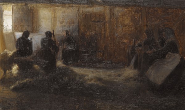 Flax-beating at Tidsvilde, Själland, 1887. Creator: Julius Paulsen.