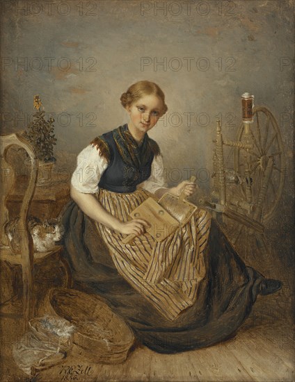 A Girl Carding, 1856. Creator: Kilian Christoffer Zoll.