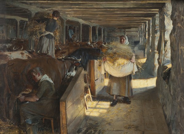 Feeding Time in a Cow-Shed, 1890. Creator: Oscar Bjorck.