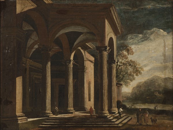 Architectural fantasy, palace in landscape. Creator: Ottavio Viviani.