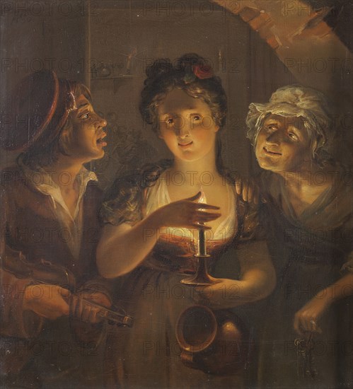Girl Holding a Candle Standing between a Fiddler and an Old Woman, 1830. Creator: Pehr Berggren.