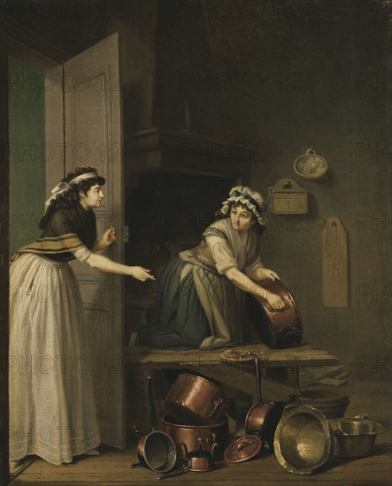 A Woman Polishing Copper Pans, c18th century. Creator: Per Hillestrom.