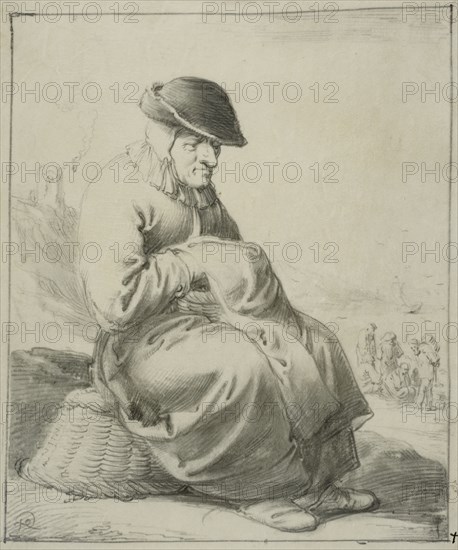 Elderly woman sitting on an upside down basket, 1630s. Creator: Pieter Jansz. Quast.