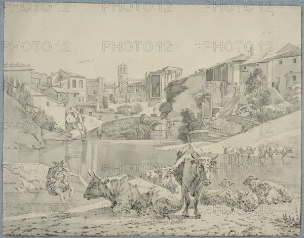 Cattle on the river Aniene in Tivoli. Creator: Willem Romeyn.