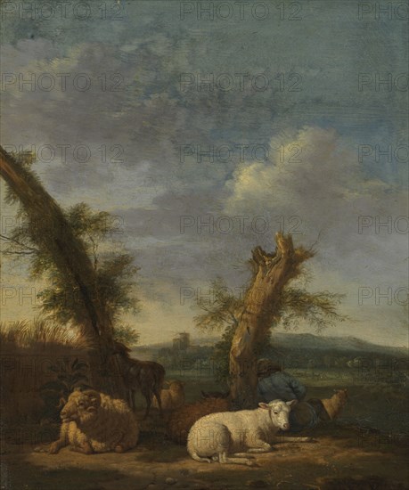 Landscape with Sheep and a Sleeping Shepherd, 1657. Creator: Adriaen van de Velde.
