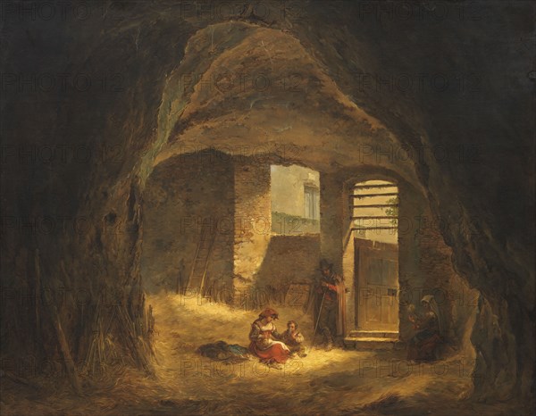 Italian Peasants in a Grotto (Antique Grotto in the Tarpeian Rock), 1821. Creator: Alexander Lauréus.