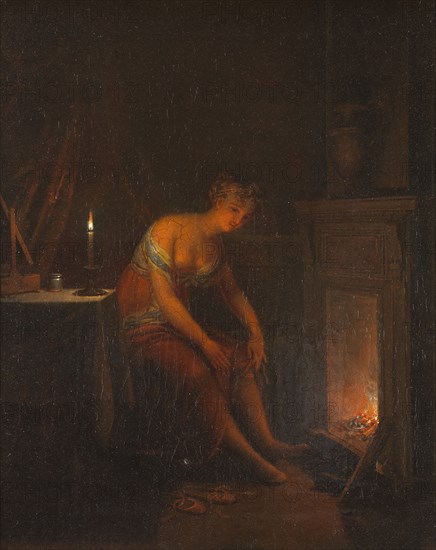 Lady Tying her Garter, 1810. Creator: Alexander Lauréus.