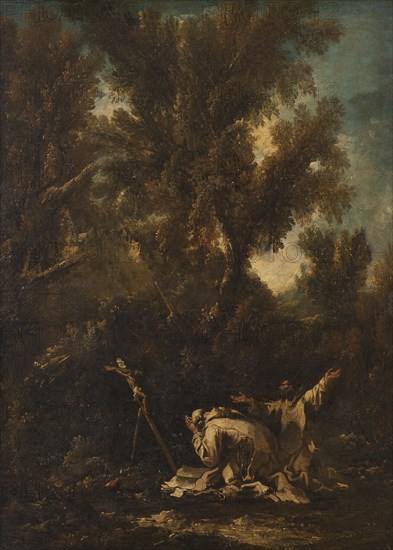 Landscape with two penitent monks, late 17th-mid 18th century. Creator: Alessandro Magnasco.