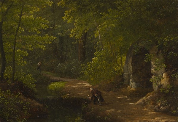 Jean-Jacques Rousseau picking flowers at the bubbling spring near the grotto in the northern park... Creator: Alexandre Haycinthe Dunouy.