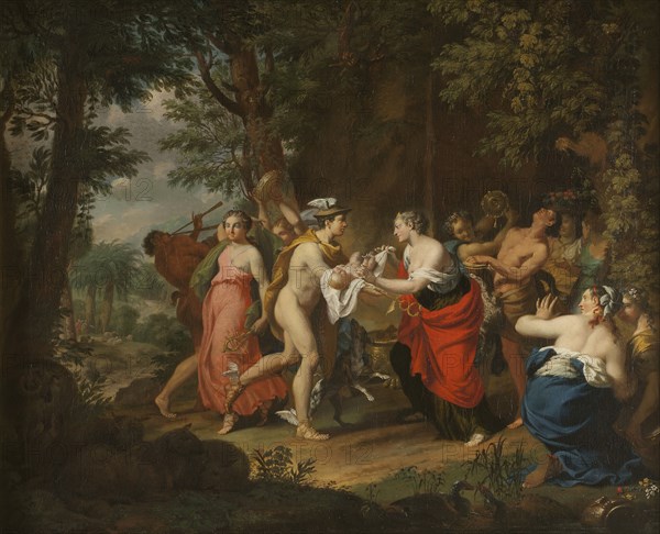 Mercury Confiding the Child Bacchus to the Nymphs on Nysa, 18th century. Creator: Marcus Tuscher.