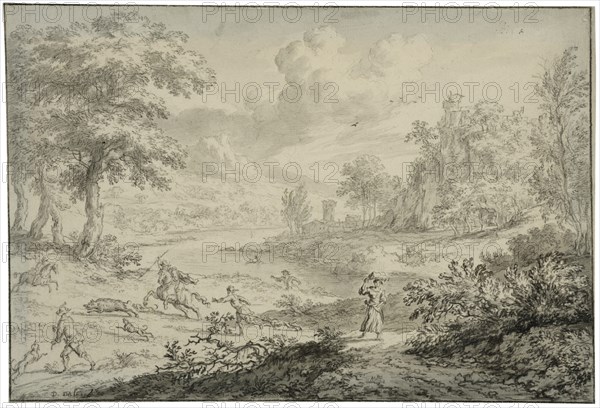 Italian landscape with wild boar hunting. Creator: Dirck Dalens II.