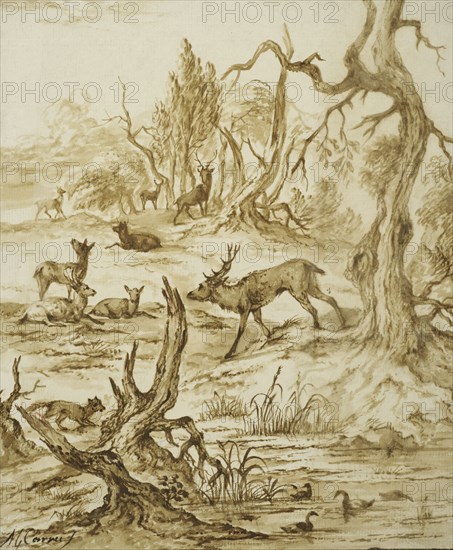 Landscape with deer, fox and ducks. Creator: Michiel Carree.