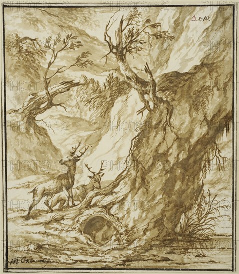 Landscape with two deer by a large tree trunk. Creator: Michiel Carree.