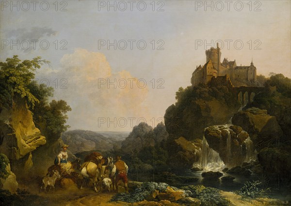 Landscape with Waterfall, Castle and Peasants, 1767. Creator: Philip James de Loutherbourg.