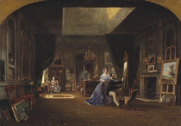 Charles XV's studio. In the studio, King Charles XV can be seen sitting at his easel..., 1862. Creator: Pierre Henri Tetar Van Elven.