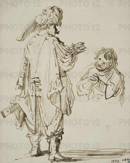 Man in oriental costume gesturing to a kneeling man. Creator: Rembrandt Harmensz van Rijn.