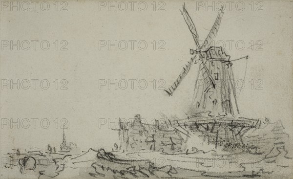 Landscape with a large windmill by a farm, in the distance in the background a..., ca 1650–1651. Creator: Unknown.