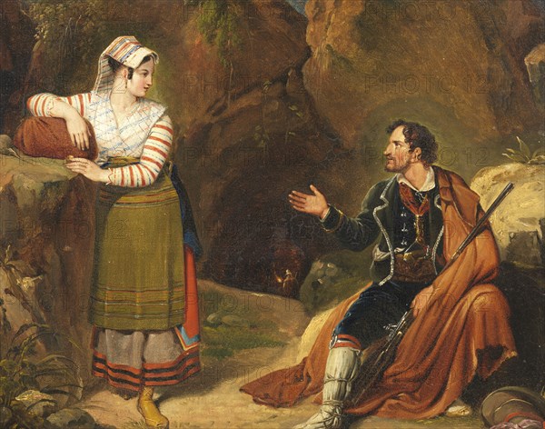 Italian Woman Making Conversation With a Brigand, c19th century. Creator: Unknown.