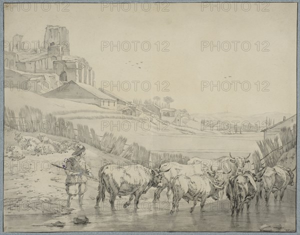 Shepherd with cattle on a river bank. Creator: Unknown.