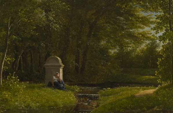 Watercourse by forest clearing with altar dedicated to Love in the northern park at Ermenonville. Creator: Alexandre Haycinthe Dunouy.