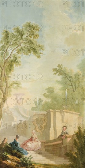 Garden landscape with figures by a fountain. Creator: Lorens Gottman.