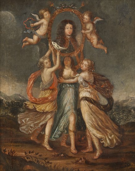 Three Allegorical Figures Bearing the Portrait of Karl XI of Sweden, c17th century. Creator: David Klocker Ehrenstrahl.