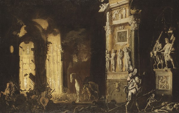 The Burning of Troy with the Flight of Aeneas and Anchises, early-mid 17th century. Creator: Francois de Nome.