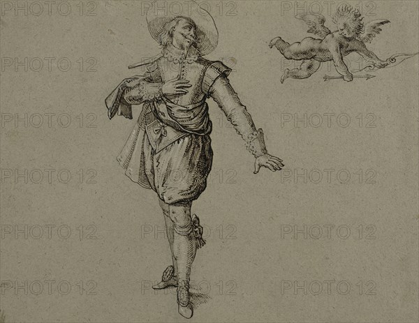 Officer standing, looking left on a flying cupid. Creator: Herman Breekerveld.