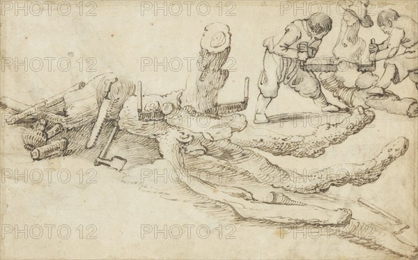 Woodcutters Cutting up Tree Trunks. Creator: Jan van de Velde II.