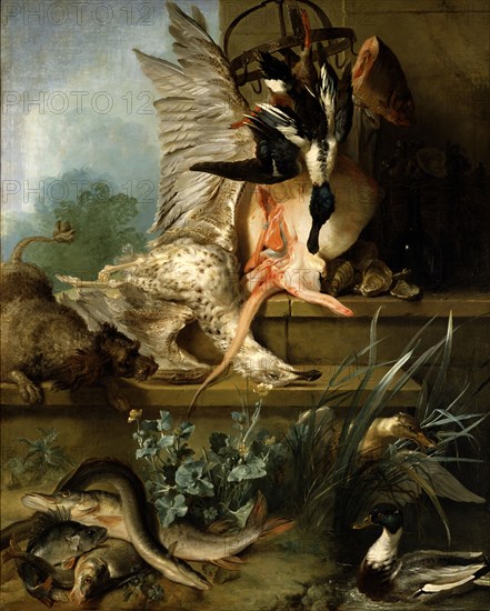 Still Life with a Spaniel Chasing Ducks ("Water"), 1719. Creator: Jean-Baptiste Oudry.